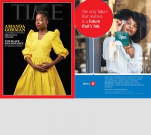 The cover of the Time magazine’s Black Renaissance issue featuring poet Amanda Gorman and the BMO EMpower ad that was featured within the issue.