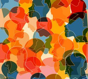 Multi-colored line drawings of human profiles signifying diversity